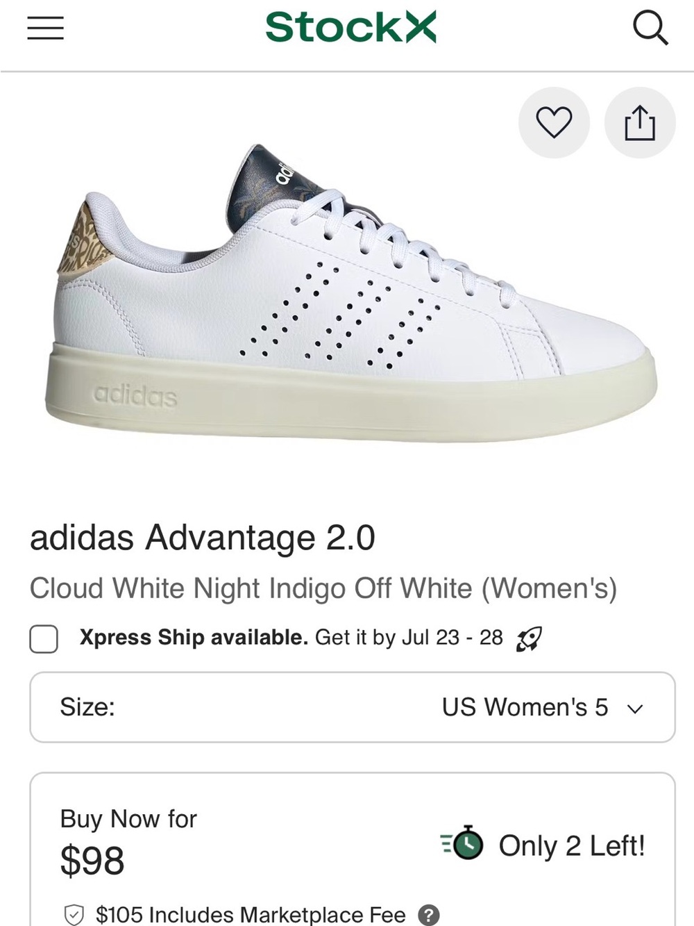 adidas Advantage 2.0 Cloud Foam Tennis Sneakers Size 7.5 NIB